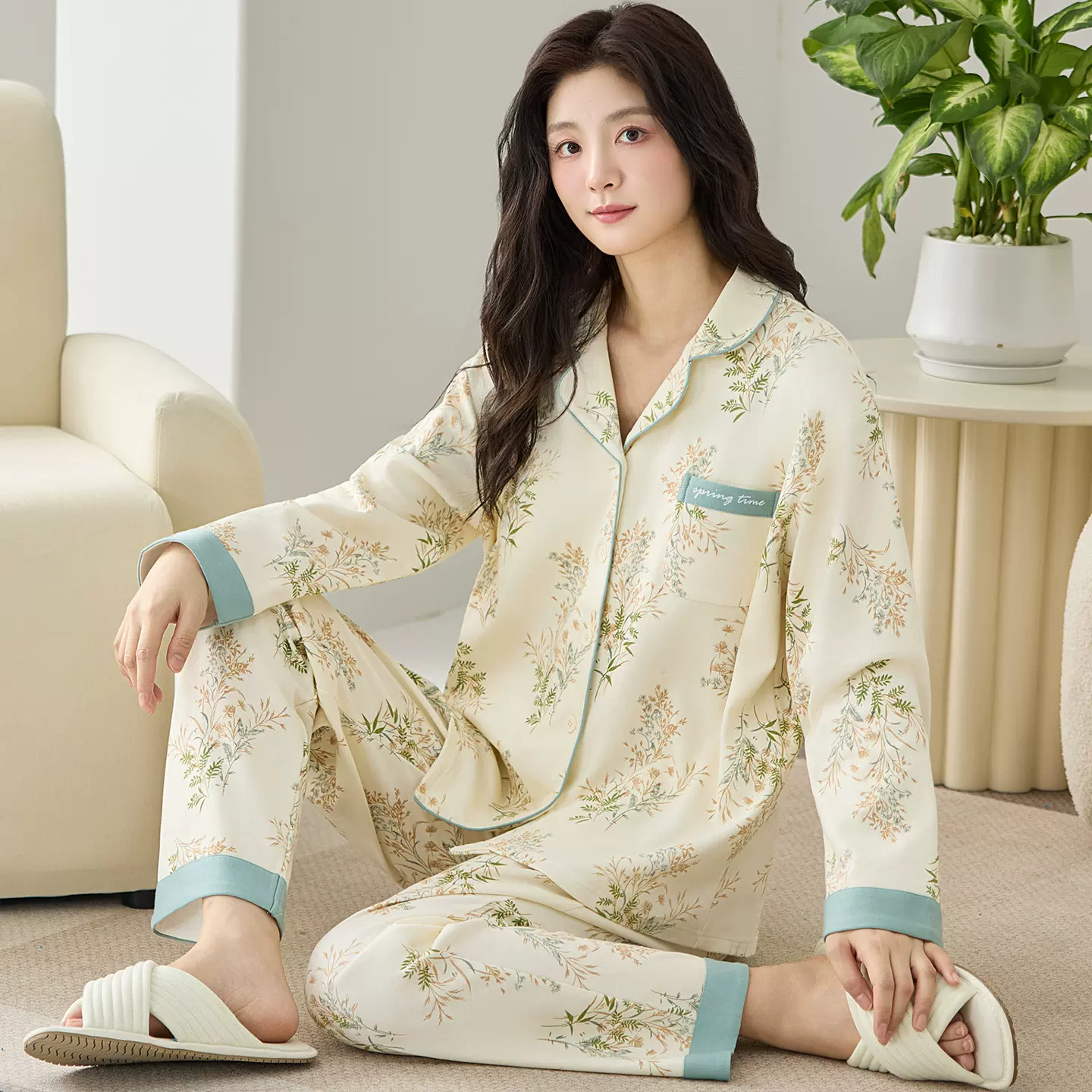 甜美睡衣女士秋冬季纯棉长袖长裤宽松家居服春秋翻领开衫套装