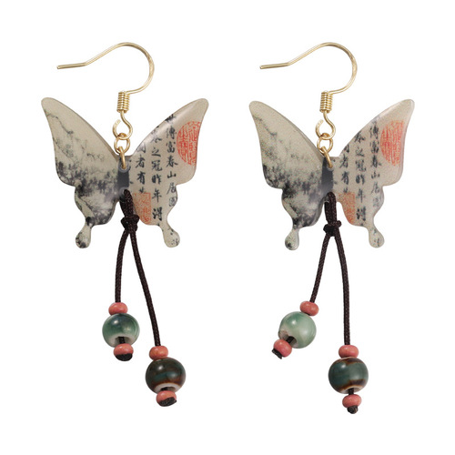 New Chinese style ink painting butterfly tassel earrings, ear hooks, national trend, Chinese style earrings, gentle style earrings