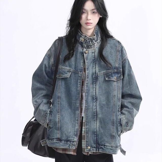 牛仔外套重工水洗机美式春秋季车风宽松潮牌立领夹克中性工装耐磨|undefined