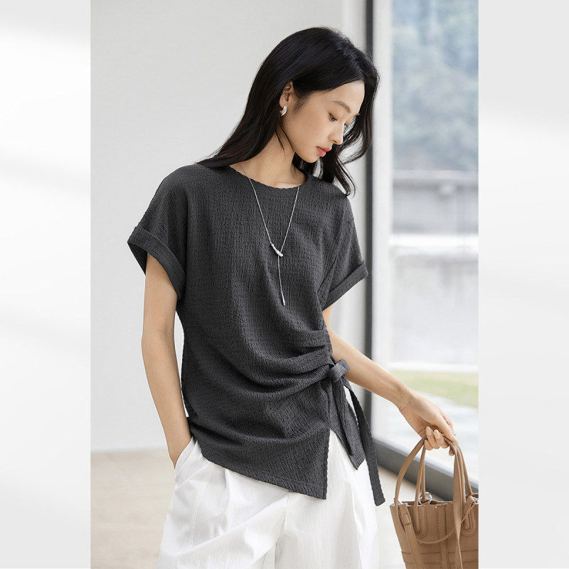 Bubble Texture White Short-Sleeved T-Shirt for Women 2026 Summer New Style Pleated Lace-Up Slimming Top for Work Clothing