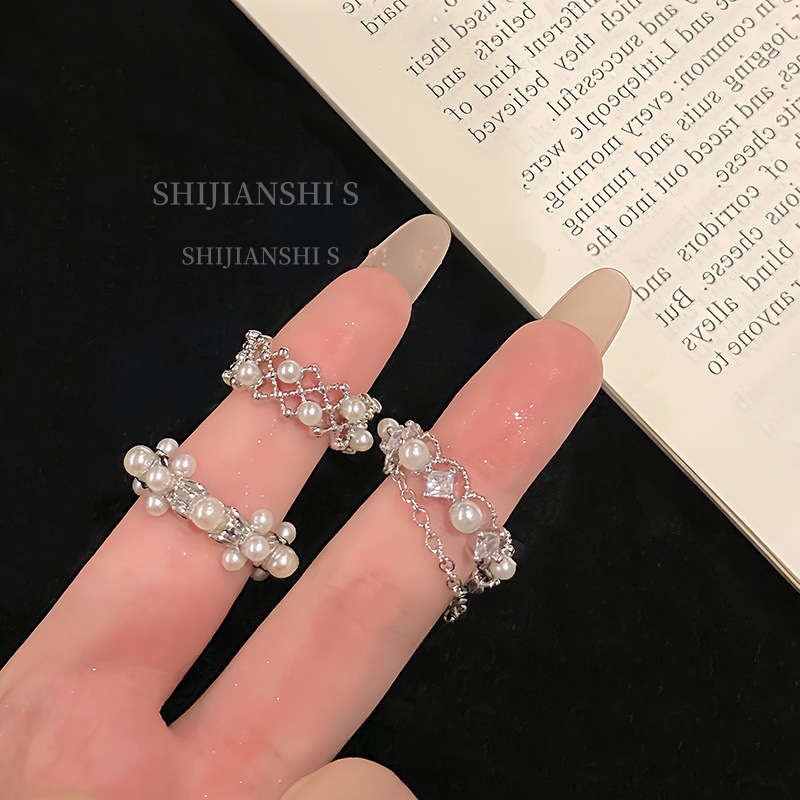 "Xianji Luozhu" French Tassel Chain Cut Out Pearl Ring Women's Fashionable Cool Style Versatile Ring