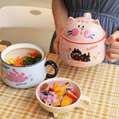 カップラーメンの碗の寮の学生は蓋の陶磁器のかわいい大容量を持っています。
