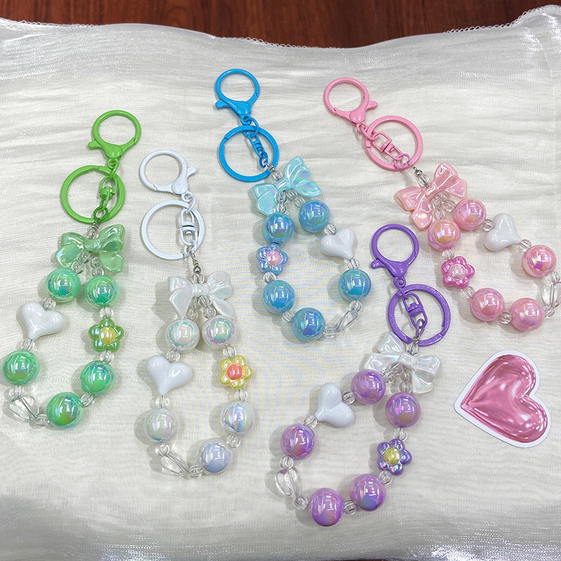 Creative Small Fresh Candy Color Plated Beaded Keychain Bow Heart Keychain Bag Small Pendant Bracelet