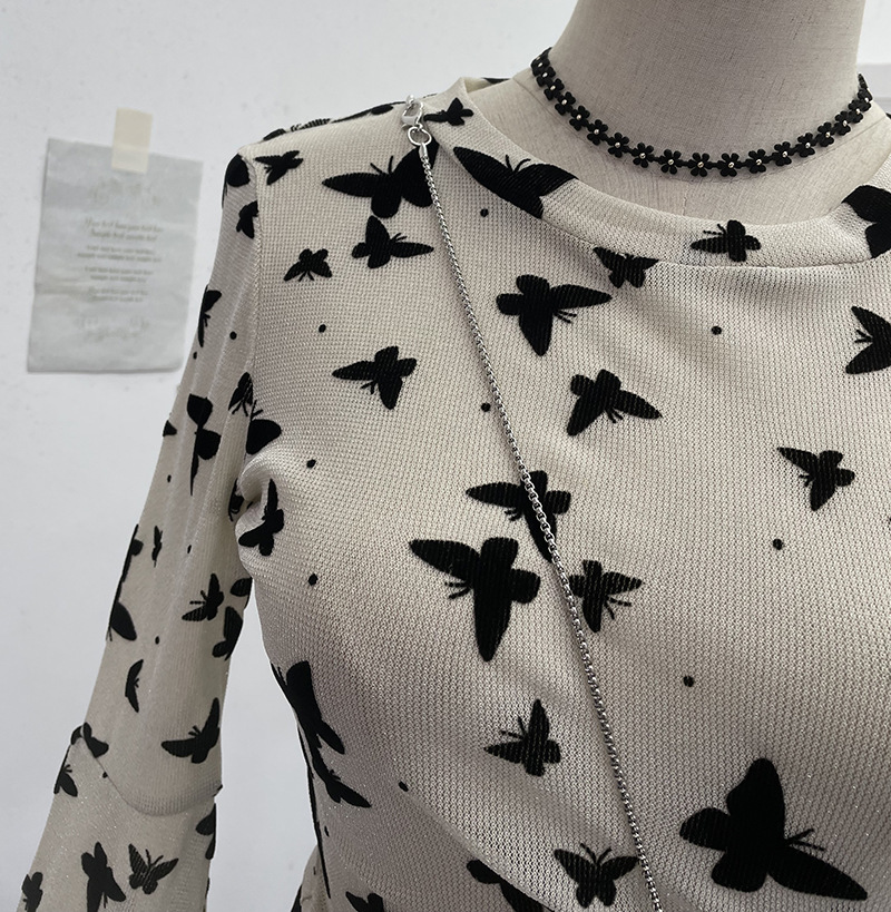Sexy Butterfly Flocking Shiny Mesh Long Sleeve T shirt Large Bell Sleeve Short Slim Top