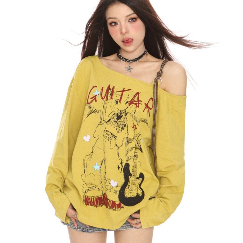 American-style Sweet and Spicy Anime Girl's Shoulder Long-sleeved T-shirt Women's Autumn Design Sense Slim-fit Oblique Collar All-match Western Style Top