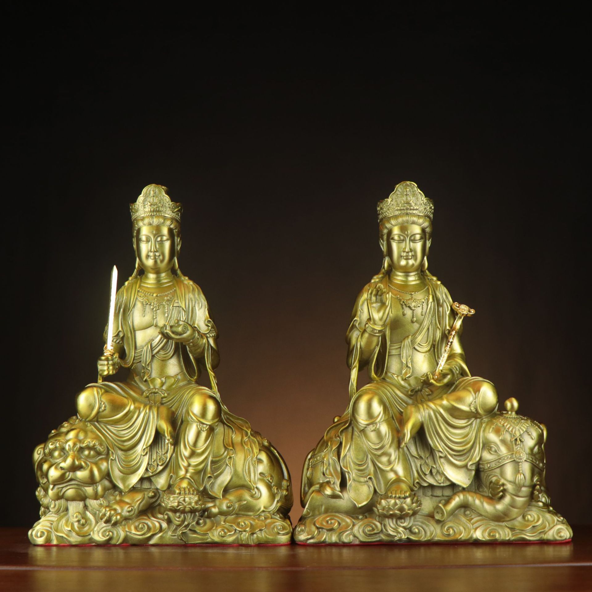 厂家直供纯黄铜供奉文殊菩萨佛像普贤菩萨佛像家居客厅桌面摆E18
