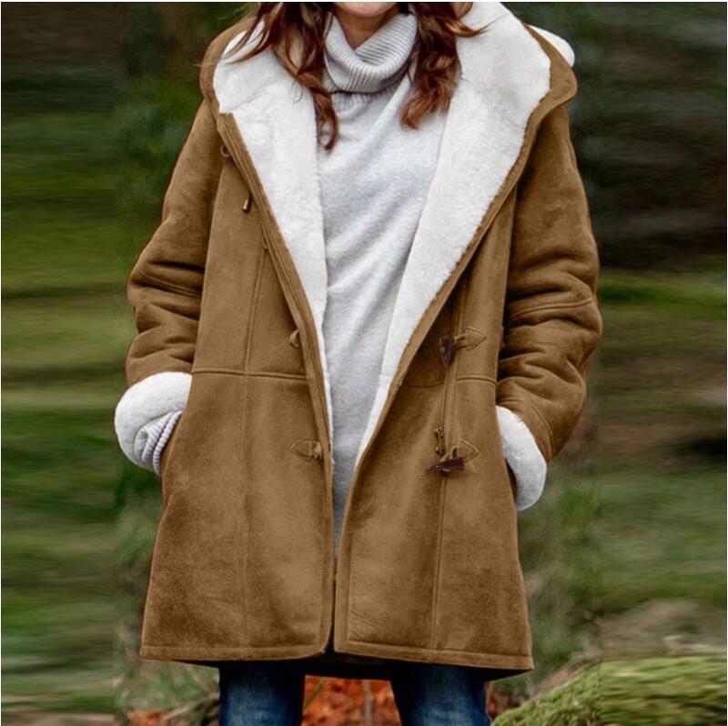 European and American 2021 Amazon cross-border solid color casual button cardigan warm mid-length hooded pocket women's overcoat