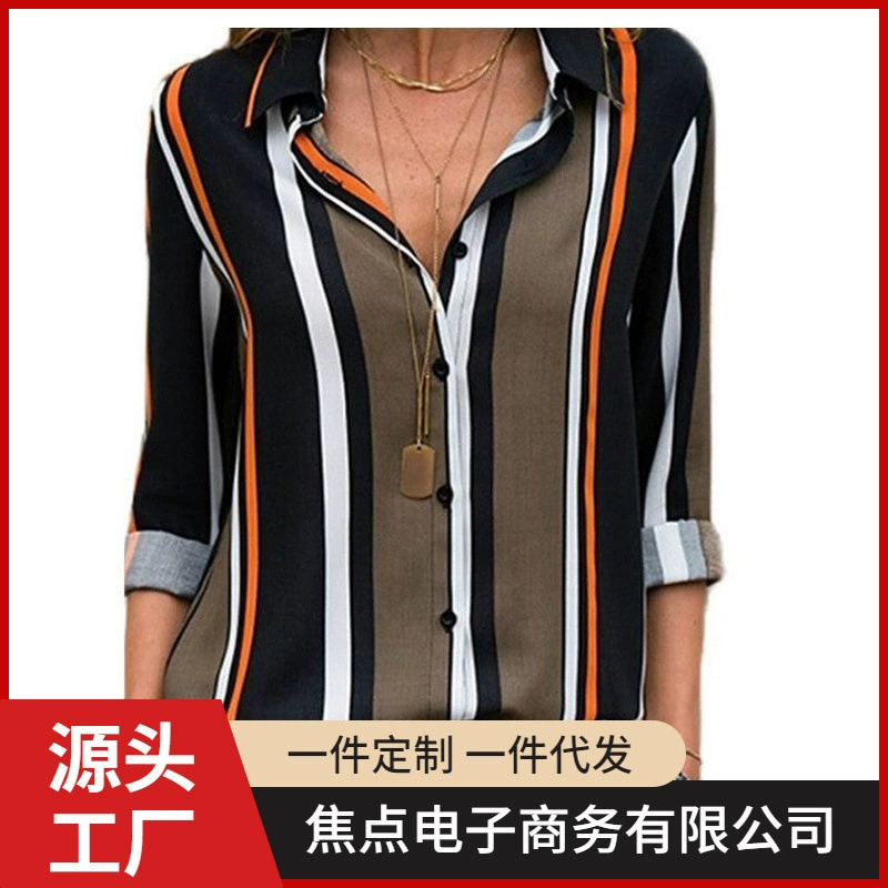 EBAY Amazon AliExpress новая европейская и американская полосатая повседневная шифоновая рубашка с v-образным вырезом и длинными рукавами для женщин POD на заказ