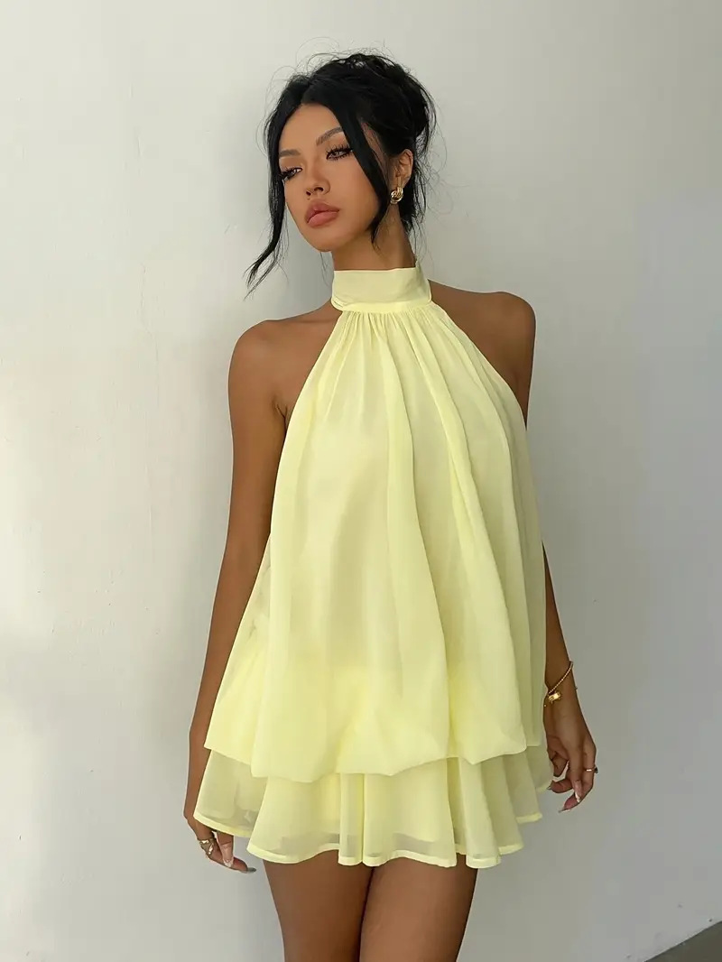 Sexy Mesh Halter Neck Tea Break Dress For Women Summer Beach Vacation Stylish Hot Girl Party Dress_ecoleips.com