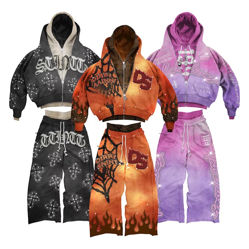 Sportswear streetwear rhinestone oversized cropped acid-washed zip-up vintage double-layer sweatpants and jacket Sportswear streetwear rhinestone oversized cropped acid-washed zip-up vintage double-layer sweatpants and jacket