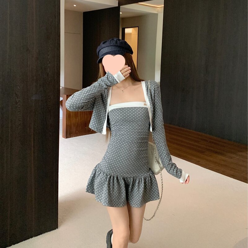 Chanel-Style Sweet and Spicy Girl Polka Dot Cardigan Jacket for Women, New Summer 2026 Model Paired with a Tube Top Dress Two-Piece Set