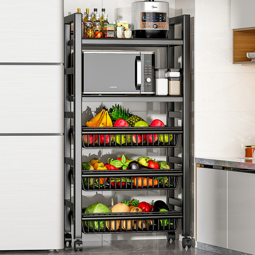 Mobile kitchen basket shelf household standing multi-layer fruit and vegetable storage multi-functional oven microwave pot rack