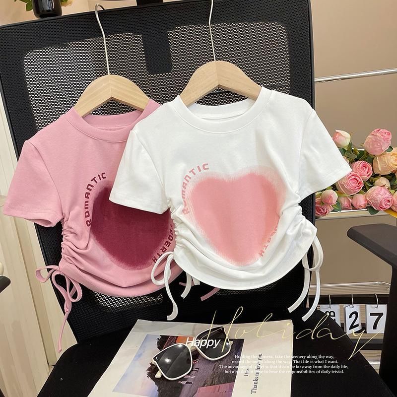 女童T恤2025年夏款桃心不规则抽绳爱心短袖上衣女童新款女宝打底