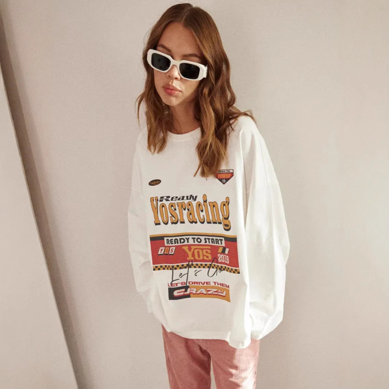 欧米風の朝と秋のファッションは個性的な街頭の100% 重いポンドの純綿の長袖のtシャツのゆったりしている底のシャツの潮に合います。|undefined