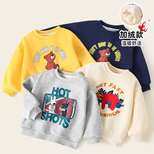 Children's clothing boys' velvet sweatshirt autumn and winter new style children's sweatshirt baby cartoon print long-sleeved casual top