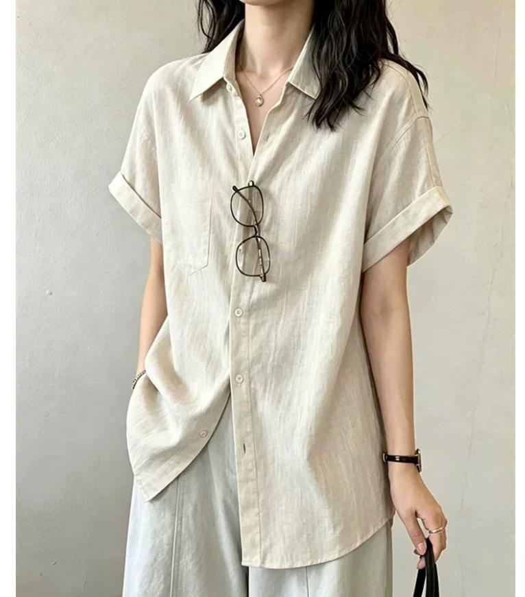 Áo sơ mi nữ linen tay ngắn phong cách cổ điển, thiết kế rộng rãi thoải mái — màu trắng, màu mơ chi tiết 3