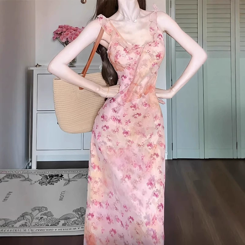 Французские розовые цветочные подтяжки платье дети 2025 новый маленький человек премиум-класса праздник темперамент длинное платье