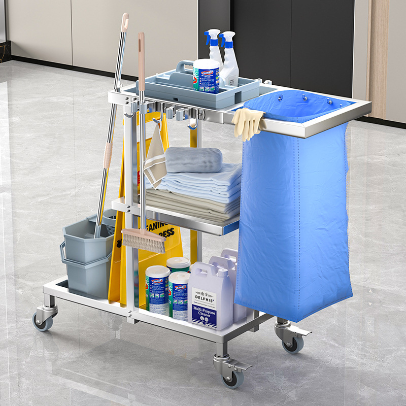 不锈钢保洁手推车酒店客房多功能布草车物业打扫卫生专用清洁推车