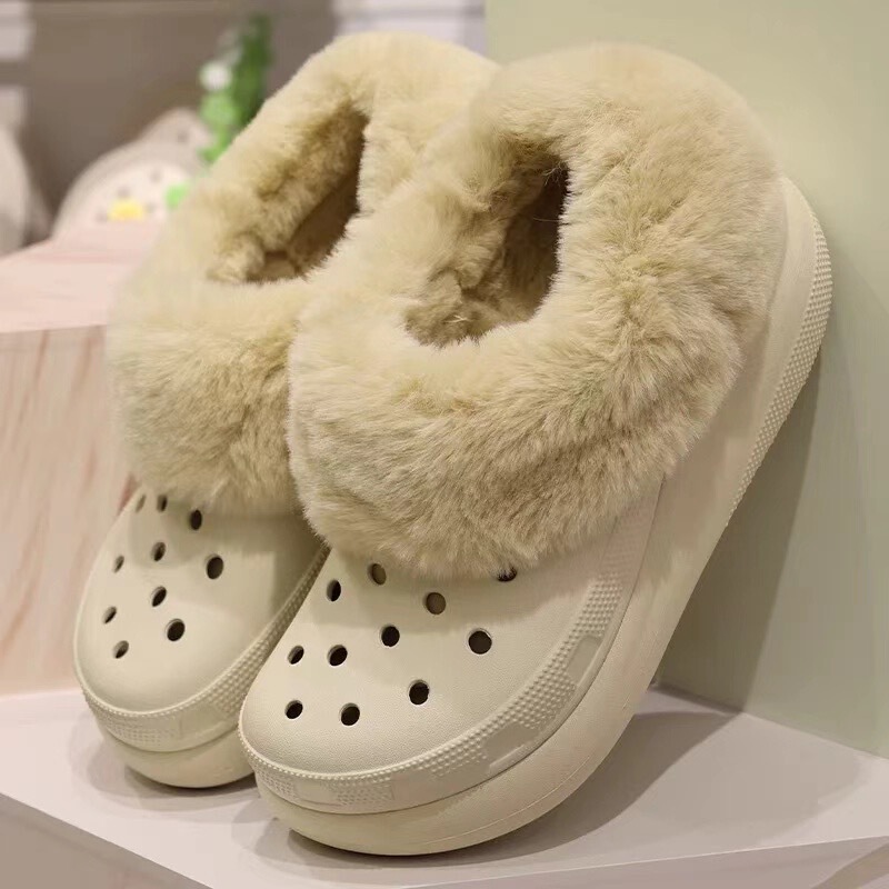 fleece-lined Cave Shoes Women's Winter Puff Warm Velvet Thick Sole Non-slip Autumn and Winter Liner Warm Outer Wearing Cave Shoes with Hair