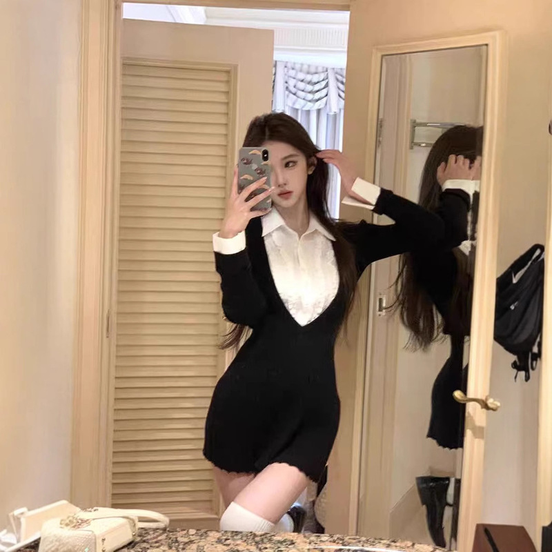 JMSHOP New York Yego Knitted dress Women's Inner Skirt Fake Two-piece Stitching Shirt Collar Skirt Pleated Skirt