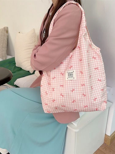 44301 Large Capacity Simple Embroidered Butterfly Bow Canvas Shoulder Bag Open Mouth Women's Shopping Bag Tank Bag