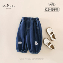 秋季新款蓝调精灵A类童装婴幼儿秋冬裤子女童卡通刺绣束脚牛仔裤