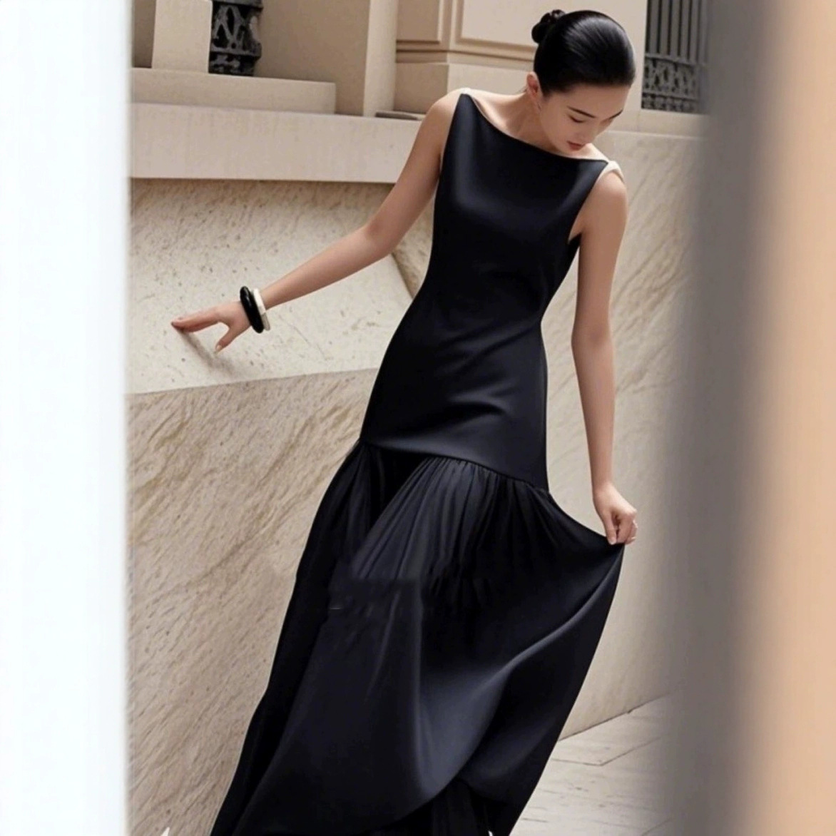 High-End Luxury Women's Dress 2026 New Niche Holiday French Style Black Sleeveless Patchwork Dress