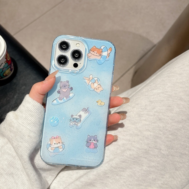 Verano pequeño gato nadador fresco para Apple 16ProMax funda para teléfono móvil 15Pro simple 14/13 nuevo 15