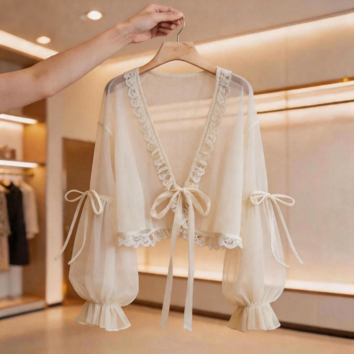 Super fairy-like bow lace chiffon sun protection cardigan, summer thin style, versatile shawl to match skirts, women's cover-up top