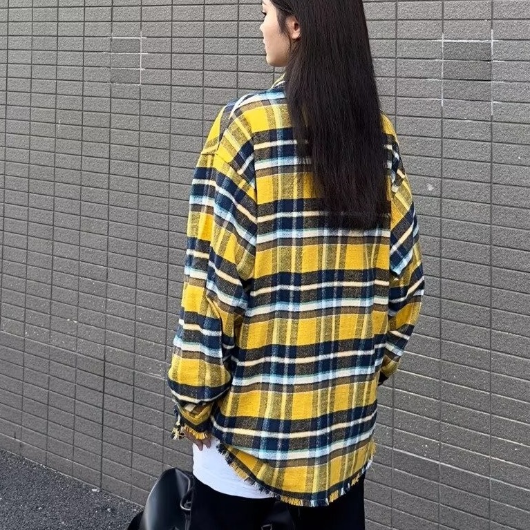 남성용 미국 복고풍 노란색 격자 무늬 긴팔 셔츠 가을 새로운 하이 스트리트 캐주얼 루즈 셔츠 자켓