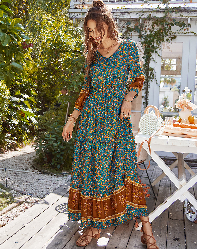 Bohemian beach resort dress one shoulder puff sleeve midi dress