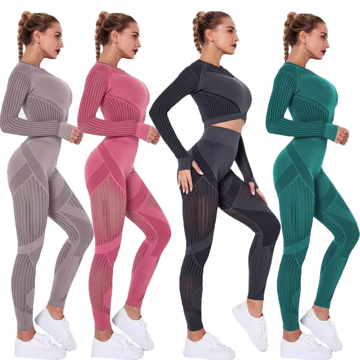 Honey桃 hueco transpirable correr ejercicio fitness yoga conjunto nuevo ajustado yoga absorbiente pantalones de mangas largas para mujeres