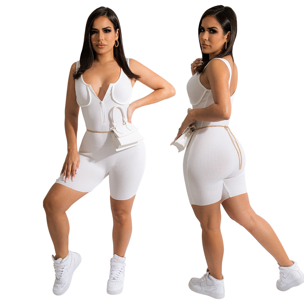 V-neck zipper style backless tight solid color jumpsuit NSCYF122395