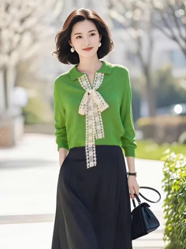 2025秋季大码女装新款设计感蕾丝蝴蝶结长袖针织衫|undefined