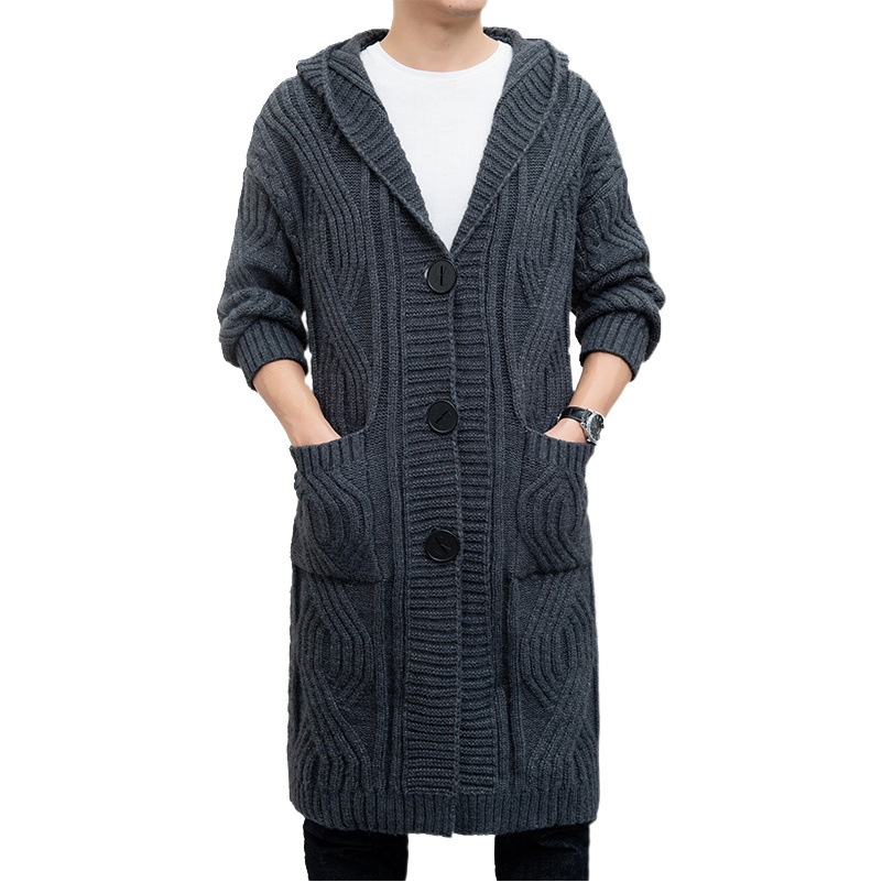 Suéter con capucha cardigan hombres de longitud media trenzado grueso suéter abrigo Primavera, Otoño e Invierno moda abrigo de los hombres de moda