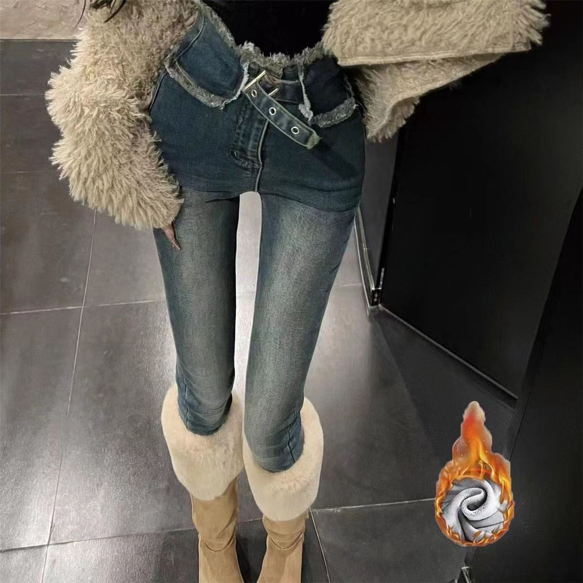 紧身高腰加绒牛仔裤女秋冬季新款修身弹力显瘦小脚铅笔裤子春装