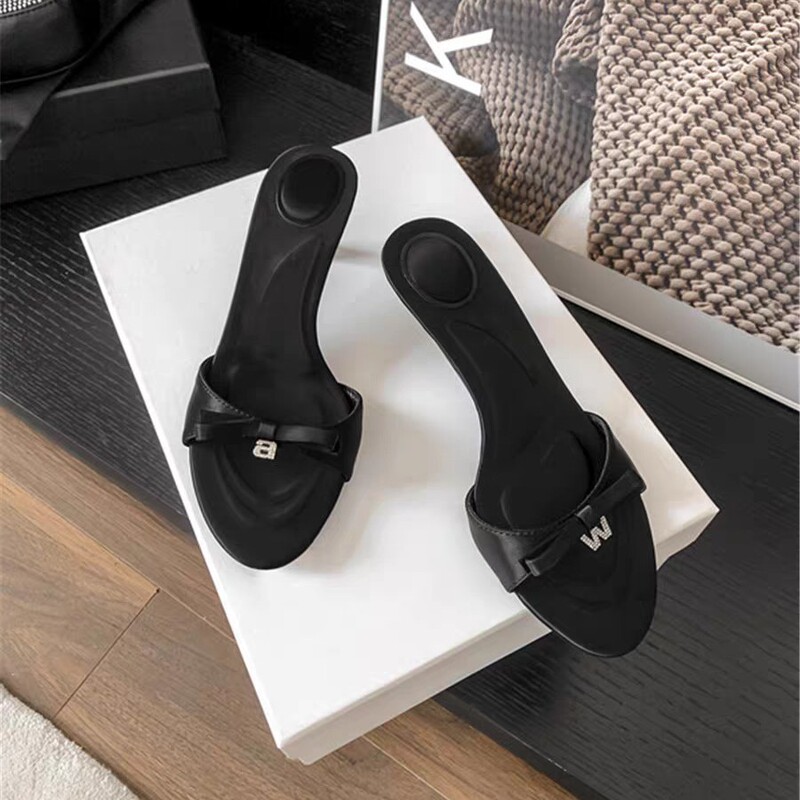 2025 New Letter Chanel Style Rhinestone Bow Sandals Women's Satin Kitten Heel Sandals