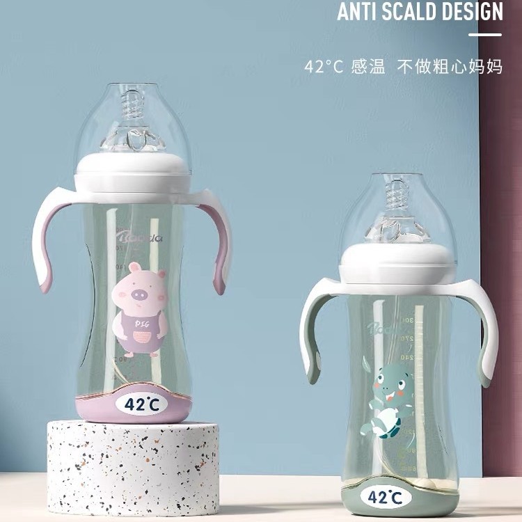 Intelligent Temperature-Sensing Wide-Mouth Ppsu Baby Bottle with Color-Changing Feature, Handle, and Automatic Straw