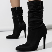 2024秋冬跨境外贸欧美中筒靴细跟褶皱女靴堆堆靴绒面尖头高跟鞋女