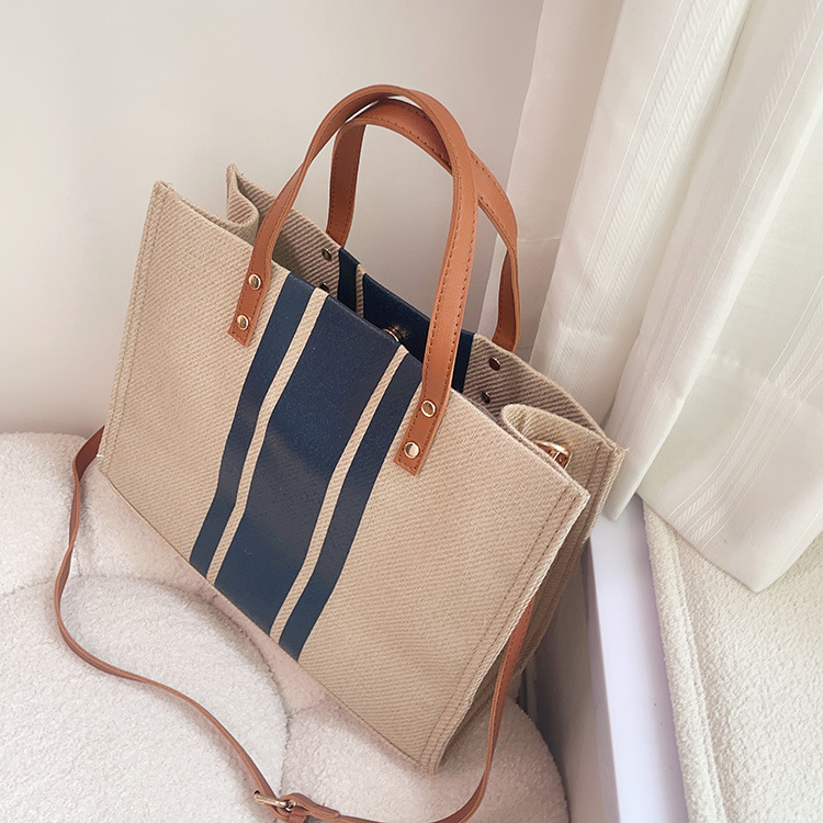 Versione coreana della valigetta portatile, borsa grande in tela quadrata a righe per pendolari, borsa da donna_voghion.com