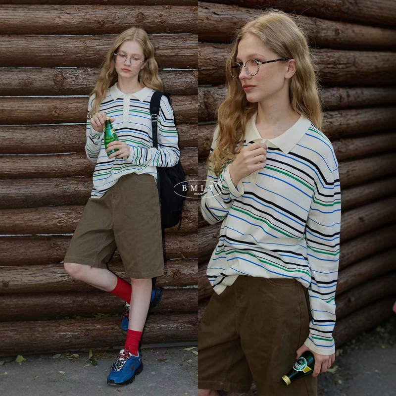 [Breathable fabric] Color-block striped polo-neck long-sleeve women's casual knit top for early autumn
