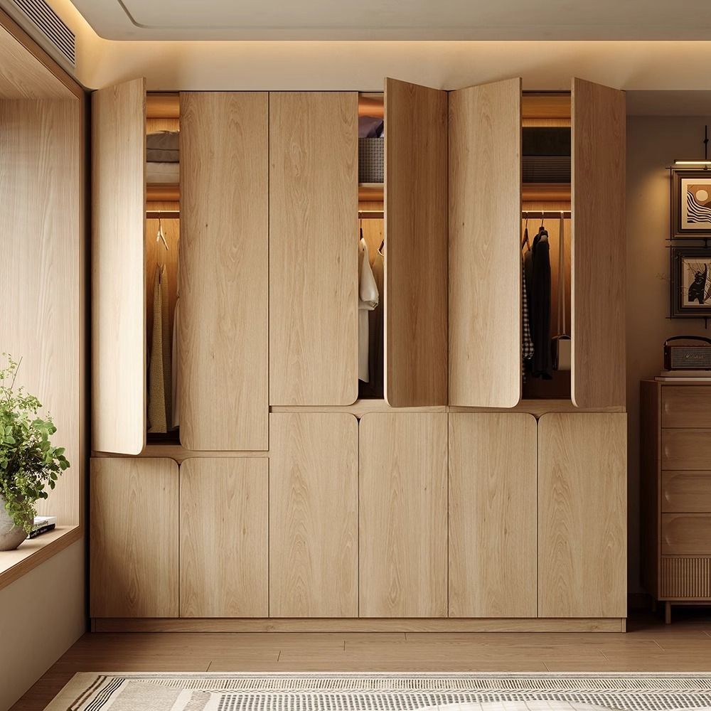 Oak Wardrobe All Solid Wood Log Wabi-Sabi Style Finished Cabinet Bedroom Home Wardrobe 2025 New Furniture