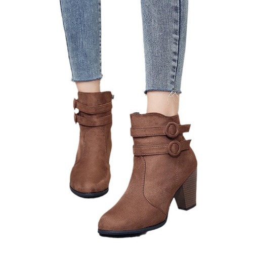 Women's European and American-style suede short boots with side zip, featuring faux short-pile plush material, mid-heel, chunky heel, and rubber pointed toe—perfect for fashion-forward looks.