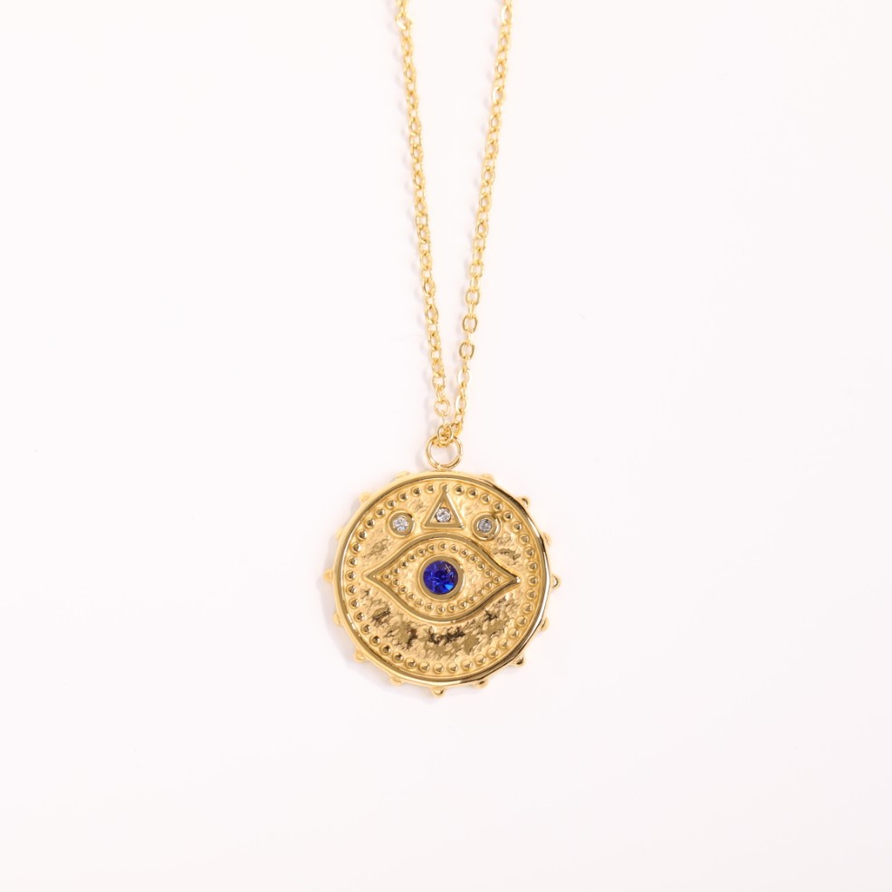 Devilu0027s Eye Diamond Circle Pendant Necklace Jewelry 18K Gold Plated Titanium Steel