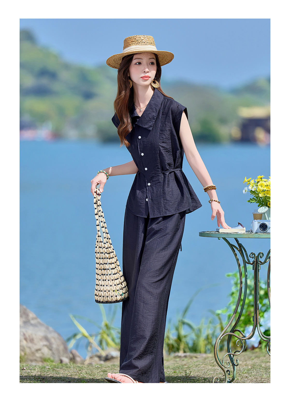 Bộ hai mảnh sơ mi phối quần ống rộng phong cách Pháp cổ điển, thiết kế thanh lịch, tôn dáng — Xanh lông mòng đen, màu xám chi tiết 18