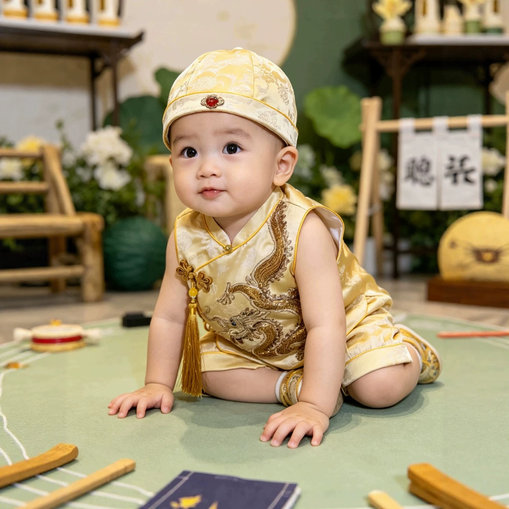 夏款宝宝周岁礼服男女宝宝周岁宴抓周用百天金色婴儿套装唐装汉服