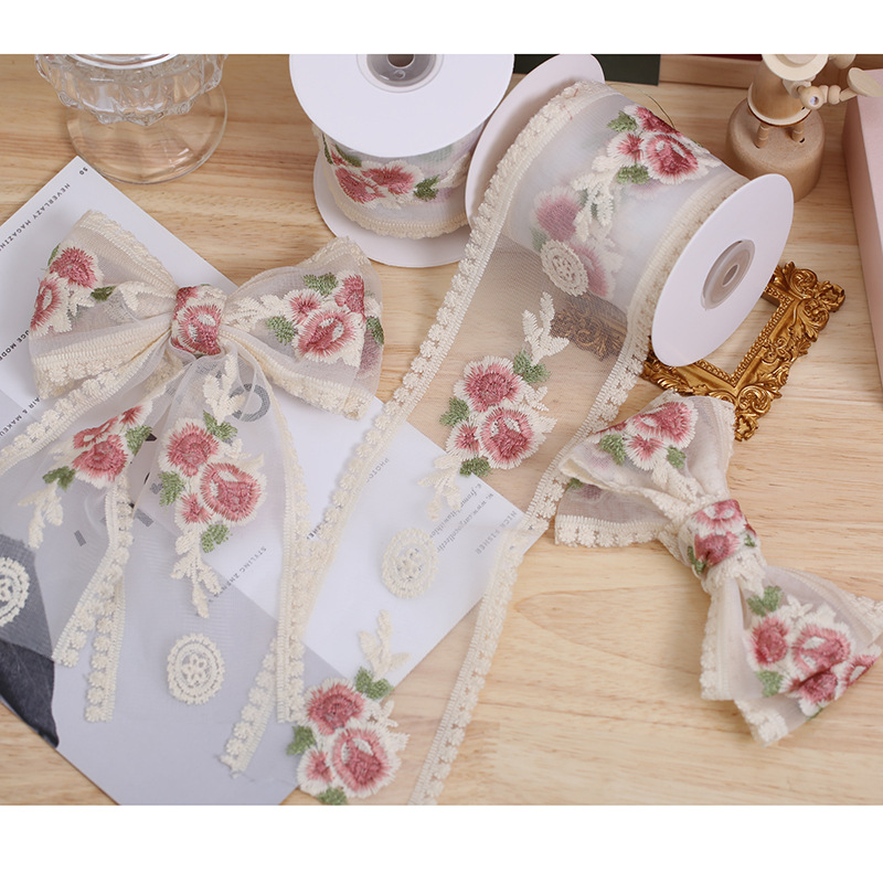 9cm vintage rosa flor bordado encaje accesorios para el cabello cinta DIY hecho a mano arco cinta de encaje embalaje decorativo