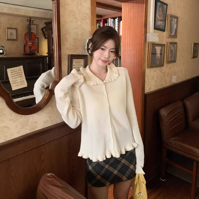 Korean-Style Sweet Doll Collar Lace Patchwork Sweater Cardigan for Women, Autumn and Winter, Gentle and Age-Reducing, Slim and Unique Knitwear