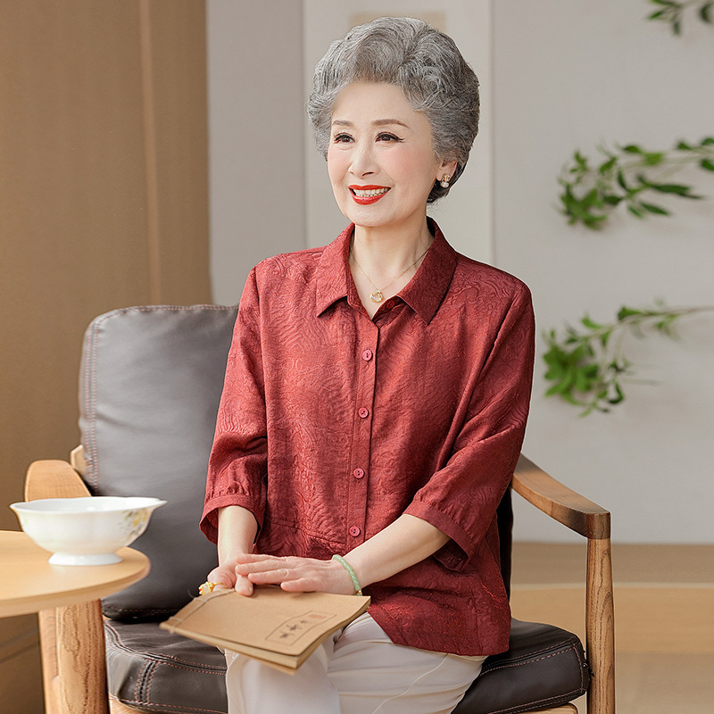 Elderly Women's Summer Shirts, Grandma's Tencel Shirts, Three-Quarter Sleeves, Noble Summer Plus Size Tops