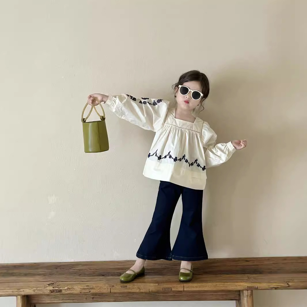 Korean style children's shirt, 2025 spring new style, sweet square neck doll top, versatile loose jeans